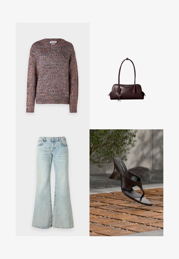 Fleckiger Strickpullover mit rundem Ausschnitt, der aus mehrfarbigen Fäden in Pink-, Blau- und Brauntönen besteht. Gerippte Bündchen und Saum.; Hellblaue Schlagjeans aus Denim, mit hoher Taille, Taschen und ausgefransten Säumen. Der Stoff hat eine verblasste Waschung und eine subtile Textur.; Braune Calvin Klein Sandalette mit Absatz und Zehensteg, schwebend über einem Boden aus Holzfliesen und Kies im Freien, mit verschwommenem Grün und Stein im Hintergrund.; Dunkelbraune Lederhandtasche von Calvin Klein mit langen doppelten Griffen und einem kleinen Logoanhänger, der an einem Griff hängt.
