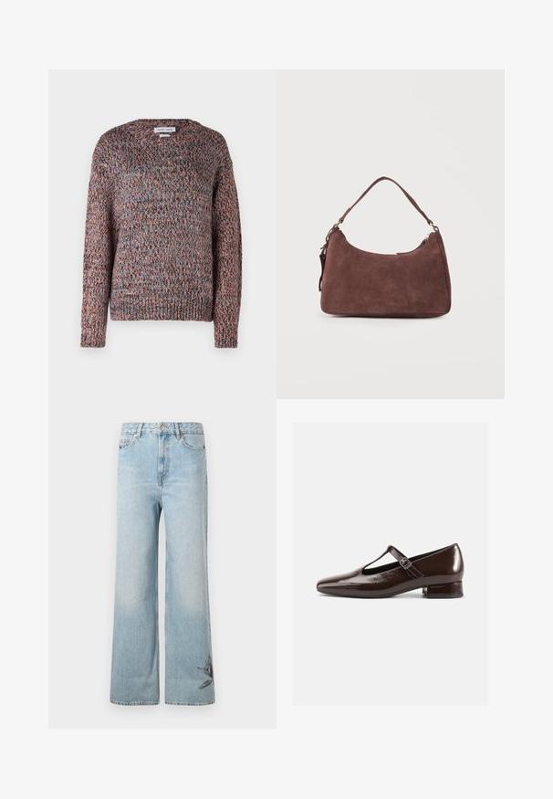 Chunky striktrøje med rund halsudskæring, prydet med flerfarvede tråde i nuancer af pink, blå og brun. Ribkantede afslutninger ved ærmer og bund.; Lysblå vide jeans lavet af denim, med en falmet tekstur og blomsterbroderi detalje på den nederste venstre ben.; Brune Mary Jane-sko i laklæder med en rundet tå, udskæringsdesign og justerbar rem. Lav blokhæl.; Brun skuldertaske i ruskind med én hank og lynlåslukning, vist mod en ensartet lys baggrund.