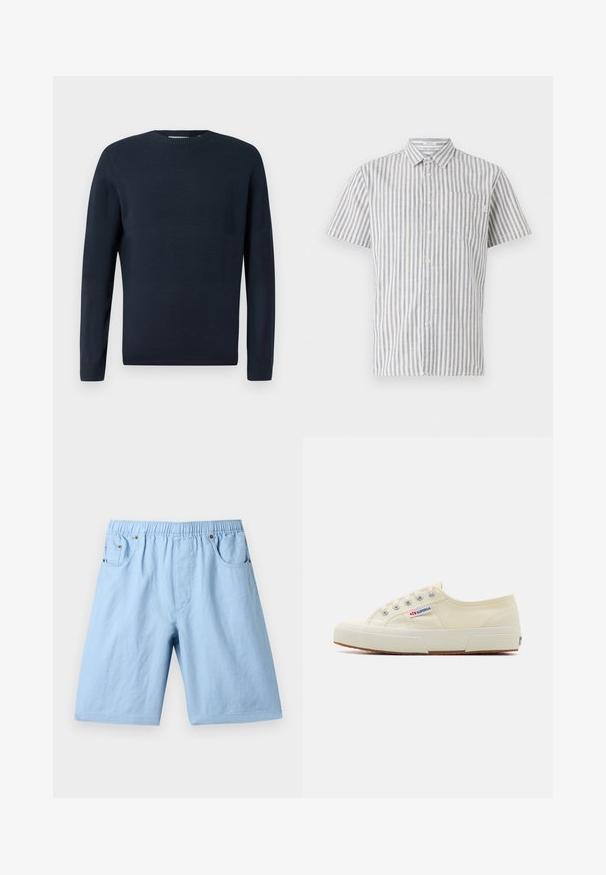 Only & Sons ONSMALIK CREW - Pullover - navy; Chemise à manches courtes à boutons en rayures verticales blanches et bleues, avec une poche poitrine et un col classique. Tissu en mélange de coton.; Shorts bleu clair avec une taille élastique, deux poches avant et une texture lisse. Fabriqués à partir d'un tissu doux, adaptés à un usage décontracté.; Baskets en toile beige au design épuré, œillets en métal et semelle en caoutchouc. Présente un motif texturé et un détail de logo sur le côté.