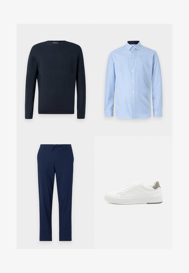 Only & Sons ONSMALIK CREW - Neule - navy; Vaaleansininen pitkähihainen nappipaitapusero, jossa on pieni ruutukuvio, valkoiset napit ja tummansininen kontrastikaulus. Pehmeä rakenne.; Tummansinisiä housuja, jotka on valmistettu kevyestä materiaalista, jossa on säädettävä vyötärö ja kapenevat lahkeet. Housuissa on etu- ja takataskut.; Valkoinen lenkkari, jossa on sileä nahkamateriaali, pyöristetty kärki, minimalistinen muotoilu, harmaa kantapääkorostus ja teksturoitu kumipohja.