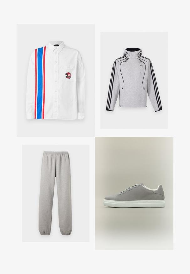 Ανοιχτό γκρι φούτερ Adidas με κουκούλα, μαύρες ρίγες στα μανίκια, μαύρο περίγραμμα, τσέπες με φερμουάρ και το λογότυπο Adidas Trefoil στο στήθος.; Λευκό πουκάμισο με κουμπιά, που διαθέτει μπλε και κόκκινη ριγέ σχεδίαση στη μια πλευρά και μαύρη κεντητή ένδειξη κράνους στην τσέπη του στήθους.; Ανοιχτό γκρι φόρμα με ελαστική μέση και τελειώματα, ίσια γραμμή, κατασκευασμένη από μαλακό ύφασμα.; Γκρι σουέτ αθλητικό παπούτσι με λευκή καουτσούκ σόλα και κορδόνια, με χαμηλό κόψιμο και ομαλή υφή. Μινιμαλιστικό στυλ χωρίς ορατά λογότυπα.