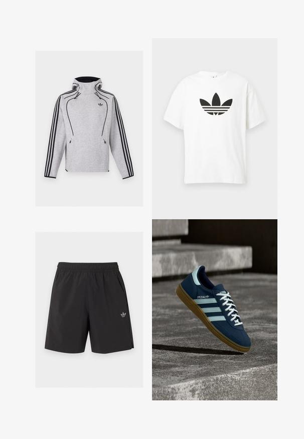 Sweat à capuche Adidas gris clair avec des rayures noires sur les manches, un passepoil noir, des poches zippées et le logo Adidas Trefoil sur la poitrine.; T-shirt en coton blanc avec un grand logo trefoil noir d'Adidas et trois bandes horizontales en dessous. Manches courtes, col ras du cou.; Short de sport noir à taille élastique avec poches latérales et petit logo Adidas sur la jambe gauche.; Baskets Adidas Spezial bleues avec des rayures et des lacets blancs, semelle en gomme, flottant au-dessus d'une surface en béton rugueuse et des marches en arrière-plan.