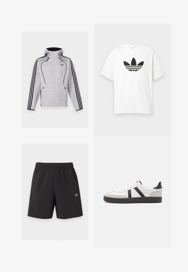 Sweat à capuche Adidas gris clair avec des rayures noires sur les manches, un passepoil noir, des poches zippées et le logo Adidas Trefoil sur la poitrine.; T-shirt en coton blanc avec un grand logo trefoil noir d'Adidas et trois bandes horizontales en dessous. Manches courtes, col ras du cou.; Short de sport noir à taille élastique avec poches latérales et petit logo Adidas sur la jambe gauche.; Baskets blanches avec des accents noirs et gris, présentant un embout texturé gris, une semelle en caoutchouc noir et des lacets plats blancs. Design épuré, style minimaliste.