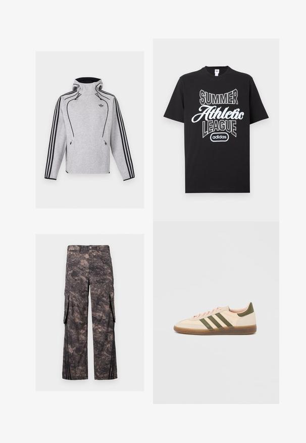 Ανοιχτό γκρι φούτερ Adidas με κουκούλα, μαύρες ρίγες στα μανίκια, μαύρο περίγραμμα, τσέπες με φερμουάρ και το λογότυπο Adidas Trefoil στο στήθος.; Μαύρο βαμβακερό μπλουζάκι με λευκό γραφικό κείμενο: «SUMMER ATHLETIC LEAGUE» με το λογότυπο της adidas από κάτω, κοντά μανίκια και λαιμόκοψη τύπου crew.; Σκούρο γκρι παντελόνι cargo με αφηρημένο μοτίβο καμουφλάζ, κουμπί και φερμουάρ μπροστά, πλαϊνές τσέπες με καπάκι και μαύρες κάθετες ρίγες κοντά στα τελειώματα.; Χαμηλού προφίλ μπεζ αθλητικό παπούτσι Adidas Spezial με πράσινες ρίγες, σόλα από καουτσούκ και την επωνυμία "SPEZIAL" στην πλευρά, εμφανίζεται από την εξωτερική πλευρά.