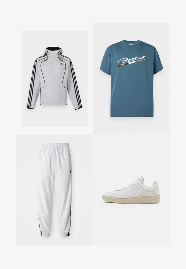 Helehall Adidas kapuutsiga dressipluus mustade triipude ning torude, lukuga taskute ja Adidas Trefoil logoga rinnal.; Pähklikarva sinakasroheline puuvillasegusest materjalist T-särk, millel on rinna kohal kaarekujulise kujundusega metallik-hõbedane "Carhartt" logo. Lühikesed varrukad, ümar kaelus.; Valged sportlikud püksid mustade küljeribadega, elastne vöökoht ja sääreotsad; vasakul reiel Adidas logo. Sile kangatekstuur.; Valged nahast spordijalatsid tekstuurse viimistlusega ja pehmendatud kaelusega. Omab beeži kummist tallat ja diskreetset brändingut kandade ja külgede peal.
