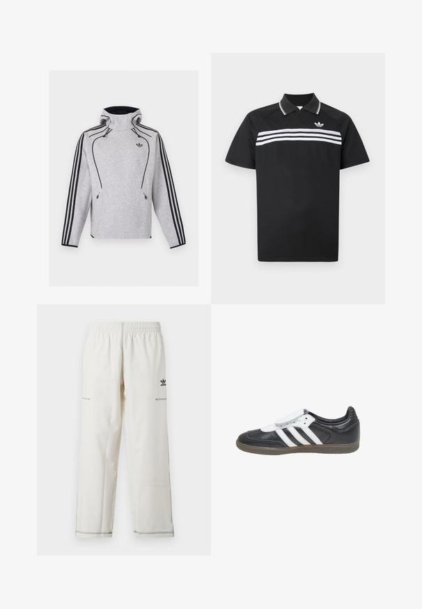 Ανοιχτό γκρι φούτερ Adidas με κουκούλα, μαύρες ρίγες στα μανίκια, μαύρο περίγραμμα, τσέπες με φερμουάρ και το λογότυπο Adidas Trefoil στο στήθος.; Μαύρο πόλο μπλουζάκι με φερμουάρ στο γιακά, που διαθέτει τρεις λευκές οριζόντιες ρίγες στο στήθος και ένα μικρό λογότυπο στο πάνω αριστερό μέρος.; Άσπρο αθλητικό παντελόνι με ελαστική μέση, πλαϊνές τσέπες και μαύρο λογότυπο adidas με διακοσμητικές ραφές. Λείο, ελαφρύ ύφασμα.; adidas Originals SAMBA LT - Αθλητικά παπούτσια - core black footwear white gum