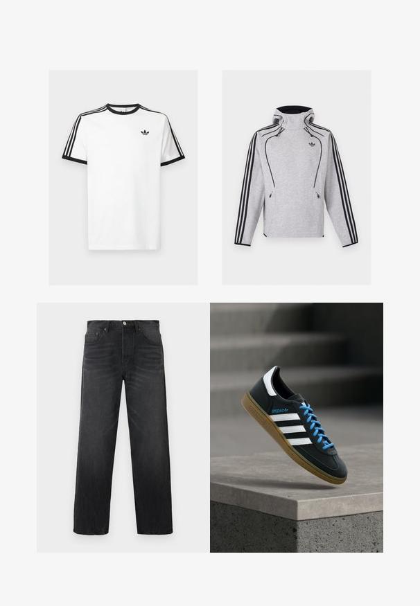 Gaiši pelēka Adidas pelēkā džemperis ar kapuci, melnām svītrām piedurknēs, melnām apmalēm, rāvējslēdzēja kabatām un Adidas Trefoil logotipu krūtīs.; Balts kokvilnas t-kreklis ar melnu ribotu kaklu un piedurknēm, kuram uz katra pleca ir trīs melnas svītras un neliels logo krūtīs.; Melnas džinsa bikses ar taisnu kāju dizainu, piecām kabatām, priekšējo aizdari ar pogu un smalku izbalējumu tekstūras radīšanai.; Melni Adidas sporta apavi ar baltām svītrām, zilām auklām un gumijas zolīti, kas peld virs pelēka betona pakāpiena maigā gaismā.