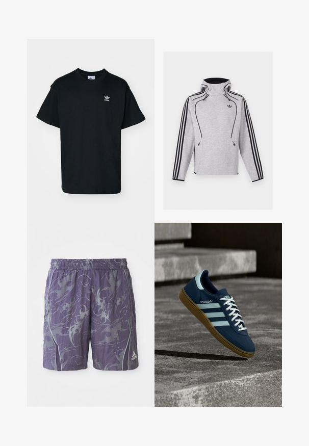 Helehall Adidas kapuutsiga dressipluus mustade triipude ning torude, lukuga taskute ja Adidas Trefoil logoga rinnal.; Must musta T-särk lühikeste varrukatega ja ümmarguse kaelusega, mille vasakul rinnal on väike valge Adidas logo.; Lillad atletikud šortid abstraktsete hõbedaste mustritega, elastse vöökoha, külgmise trimmiga ja Adidas logo paremal jalal.; Sinine Adidas Spezial tennisk, valgete triipude ja paeltega, kummist tallaga, hõljub kareda betoonpinna ja sammude kohal taustal.