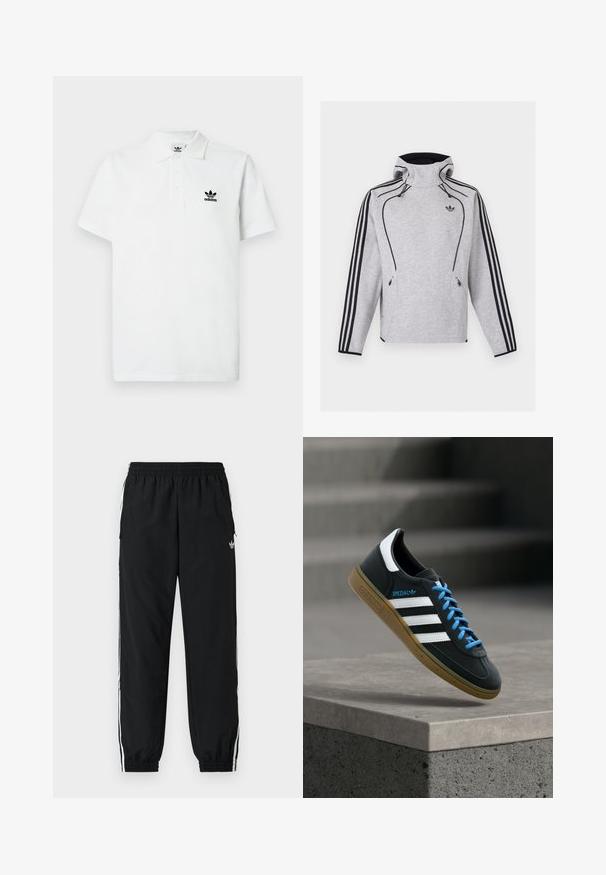 Ανοιχτό γκρι φούτερ Adidas με κουκούλα, μαύρες ρίγες στα μανίκια, μαύρο περίγραμμα, τσέπες με φερμουάρ και το λογότυπο Adidas Trefoil στο στήθος.; Λευκό βαμβακερό πόλο με κλασικό γιακά, τριπλό κουμπί στο εμπρόσθιο μέρος και μαύρο κεντημένο λογότυπο Adidas στο αριστερό στήθος. Κοντά μανίκια.; Μαύρο αθλητικό παντελόνι με ελαστική μέση και σούρες στα μανσέτα. Διαθέτει λευκές λωρίδες στο πλάι και ένα μικρό λογότυπο μπροστά αριστερά.; Μαύρο αθλητικό παπούτσι Adidas με λευκές ρίγες, μπλε κορδόνια και καουτσούκ σόλα να αιωρείται πάνω από γκρίζο τσιμεντένιο σκαλοπάτι σε απαλό φως.