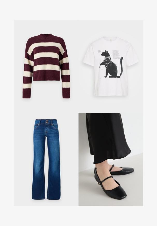 Vero Moda Knitted VMINEZ Knitted - Džemper - winetasting/birch; Valge T-särk, millel on must kass, kes kannab pärlite kaelakeed, ja eri fontides ülekirjutatud tekst. Lühikesed varrukad ja ümar kaelus.; Laiad sinised teksad, mis on valmistatud denimist, kahe esiknappi, oranžade õmblustega ja sileda pinnaga. Klassikaline viie tasku disain.; Mustad mustad kingad ruudu varbaga, valmistatud siledast nahast, koos ühe rihmaga üle jala ning väikese dekoratiivse aktsendiga.