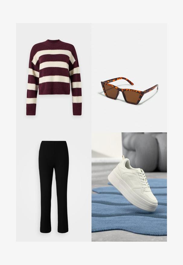 Vero Moda Knitted VMINEZ Knitted - Striktrøje - winetasting/birch; Sorte ribbede strikkede bukser med en elastisk talje, der har en tætsiddende silhuet, lige ben og en subtil tekstur.; Hvid lædersneakers med tykkere sål, teksturerede detaljer og traditionelle snørebånd, placeret over et blåt tekstureret tæppe.; Brune tonede solbriller med et skildpadde-mønster, vinklede stel og slanke arme. Letvægts plastmateriale.