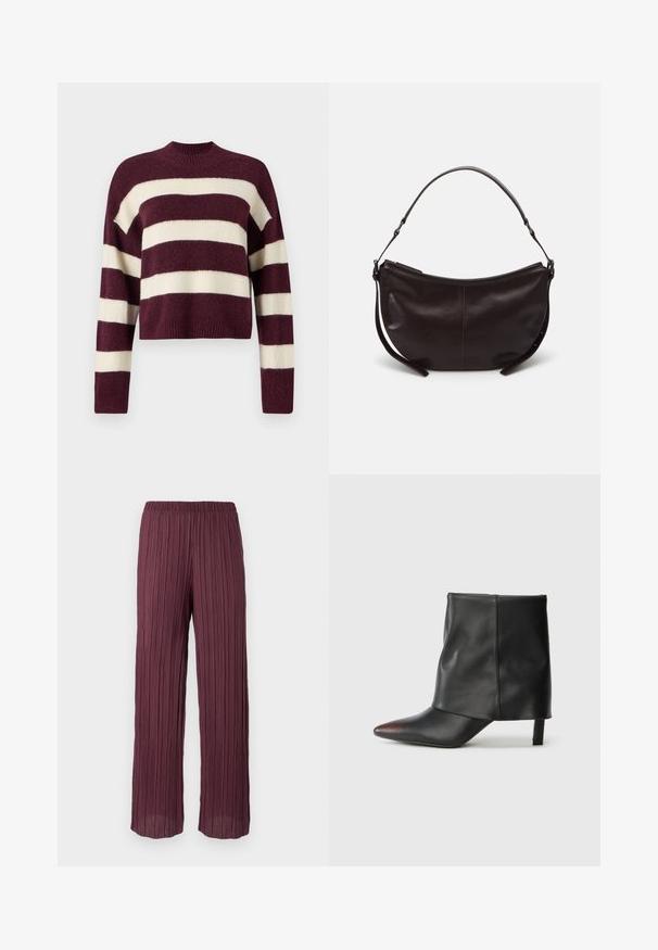 Vero Moda Knitted VMINEZ Knitted - Svetrík - winetasting/birch; Plisované nohavice v hlbokej burgundskej farbe s elastickým pásom, s voľným strihom a širokými nohavicami a vertikálnymi záhybmi po celom obvode.; Čierna členková čižma z hladkej kože so špicatou špičkou a zužujúcim sa podpätkom. Vrchná časť má jemne nabraný dizajn.; Tmavohnedá kožená taška cez plece s zakriveným tvarom, hladkou textúrou a jedným nastaviteľným popruhom. Obsahuje zips.