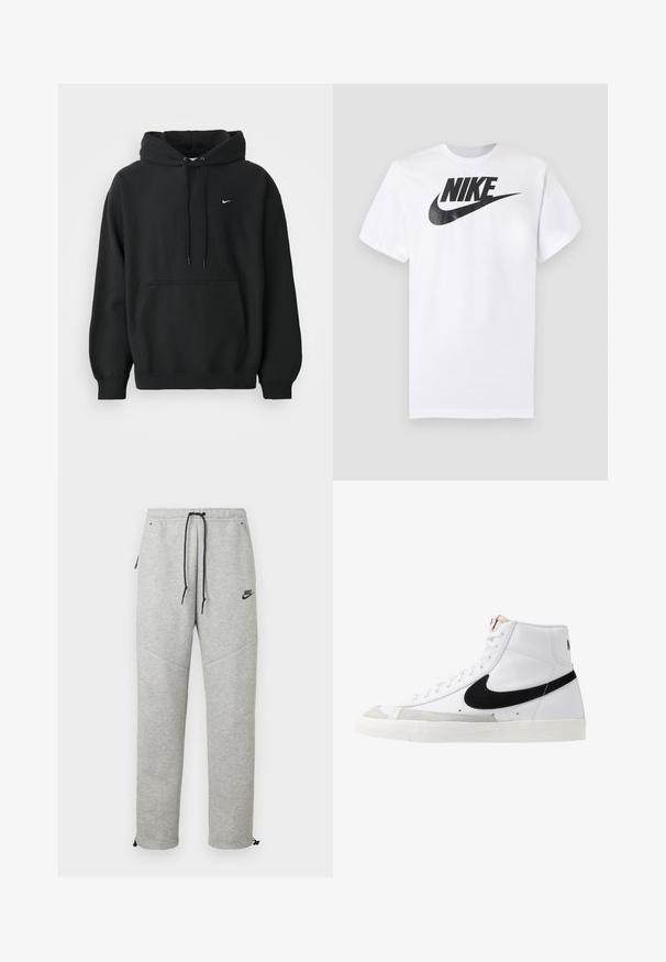 Čierna mikina Nike s predným vreckom, kapucňou so šnúrkou, patentnými manžetami a malým bielym logom Nike na hrudi.; Biele tričko s krátkym rukávom s čiernym logom Nike a swooshom uprostred na hrudi na jednofarebnom sivom pozadí.; Šedé Nike tepláky so sťahovacím pásom, bočnými vreckami a elastickými manžetami. Majú hladkú textúru a kontrastný čierny logotyp.; Biele vysoké tenisky s čiernym swooshom, textúrovanou šedou špičkou a plochou bielou podrážkou. Obsahujú šesť dierok na šnúrky a prešívané akcenty.