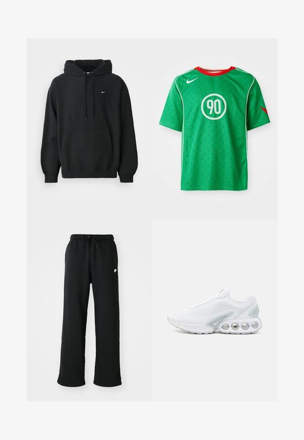 Čierna mikina Nike s predným vreckom, kapucňou so šnúrkou, patentnými manžetami a malým bielym logom Nike na hrudi.; Zelené športové tričko Nike s krátkymi rukávmi, bielymi akcentmi, vzorom s bodkami a kruhovým bielym logom "90" v strede. Červený golier.; Čierne tepláky vyrobené z mäkkej tkaniny, s elastickým pásom a nastaviteľnou šnúrkou, a malým logom na boku.; Biele sieťované tenisky s šedými akcentmi, zaoblenou špičkou a viditeľnou polstrovanou podrážkou s obvodovými vzduchovými vreckami a značkovým detailom.