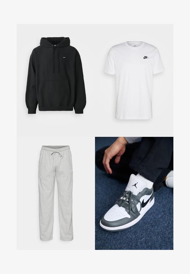 Čierna mikina Nike s predným vreckom, kapucňou so šnúrkou, patentnými manžetami a malým bielym logom Nike na hrudi.; Biela bavlnená tričko s okrúhlym výstrihom, krátkymi rukávmi a čiernym logom Nike na ľavej hrudi. Jednoduchý, jednofarebný dizajn.; Svetlošedé teplákové nohavice vyrobené z jemného materiálu. Obsahujú elastický pás na šnurovanie a čierne logo Nike na ľavom stehne.; Tenisky Nike Air Jordan 1 v bielom a šedom koži, s čiernym logom, perforovanou špičkou a plochými šedými šnúrkami.