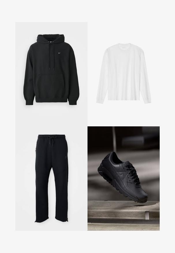 Zwarte Nike hoodie met een voorzak, een capuchon met trekkoord, ribgebreide manchetten en een klein wit Nike swoosh-logo op de borst.; Wit, lang katoen T-shirt met lange mouwen en ronde hals, met geribde manchetten en een rechte zoom, een gladde textuur en een minimalistisch ontwerp.; Zwarte sportbroek met elastische tailleband en trekkoord, met zijzakken, taps toelopende pijpen en ritsen bij de enkels. Glad textuur.; Zwarte Nike Air Max sneakers met een bovenwerk van gestructureerd leer, rubberen zool en een opvallend vetersysteem, dat een strakke, moderne uitstraling heeft.