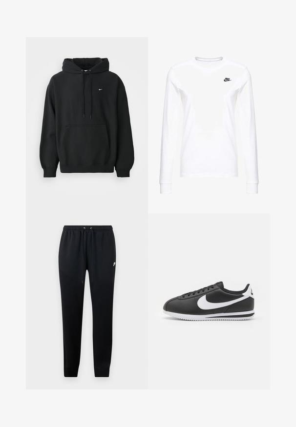 Μαύρη φούτερ Nike με μπροστινή τσέπη, κουκούλα με κορδόνι, ριχτές μανσέτες και μικρό λευκό λογότυπο Nike στο στήθος.; Λευκό μπλουζάκι με μακριά μανίκια από βαμβάκι, με ένα μικρό μαύρο λογότυπο Nike στην αριστερή πλευρά του στήθους και στρογγυλή λαιμόκοψη. Λείος υφή.; Μαύρες φόρμες από μαλακό ύφασμα, με ελαστική μέση και κορδόνια, με μανσέτες στους αστραγάλους και μια μικρή λεπτομέρεια λογότυπου στο πλάι.; Μαύρο δερμάτινο αθλητικό παπούτσι με λευκή σουέτ και λεπτομέρειες. Διαθέτει στρογγυλή μύτη, κλείσιμο με κορδόνια και υφασμάτινη λευκή ελαστική σόλα.