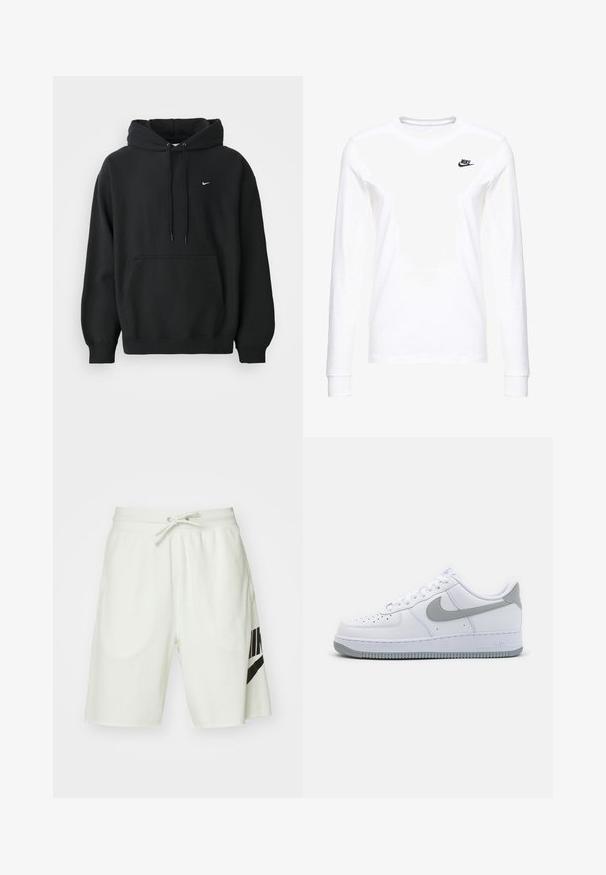Zwarte Nike hoodie met een voorzak, een capuchon met trekkoord, ribgebreide manchetten en een klein wit Nike swoosh-logo op de borst.; Witte lange mouwen T-shirt van katoen, met een klein zwart Nike-logo op de linkerkant van de borst en een ronde halslijn. Gladde textuur.; Lichtgrijze katoenen shorts met een elastische tailleband, een verstelbaar trekkoord en een zwart Nike-logo aan de linkerkant.; Witte leren sneakers met een grijze Swoosh-logo, geperforeerde neus en rubberen buitenzool met textuur. Korte enkellengte.