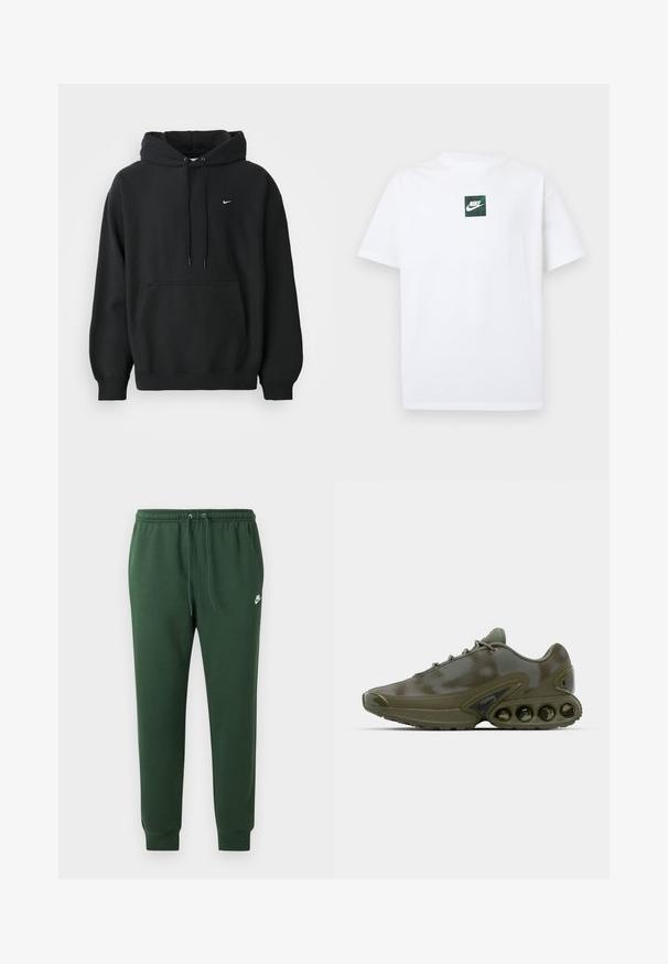 Schwarzer Nike Hoodie mit frontale Taschen, Kordelzugkapuze, gerippten Bündchen und kleinem weißen Nike Swoosh-Logo auf der Brust.; Weißes Nike-T-Shirt mit kurzen Ärmeln, versehen mit einem kleinen grünen quadratischen Logo, das den Nike-Swoosh und Text in der Brustmitte zeigt.; Dunkelgrüne Nike-Sweathosen mit elastischem Bund, Kordelzug, Bündchen an den Knöcheln und kleinem weißen Nike-Logo am linken Oberschenkel.; Dunkelgrüner Sportschuh mit einer strukturierten Oberseite, Schnürverschluss und einer auffälligen Sohle, die sechs sichtbare Luftpolsterungseinheiten aufweist.