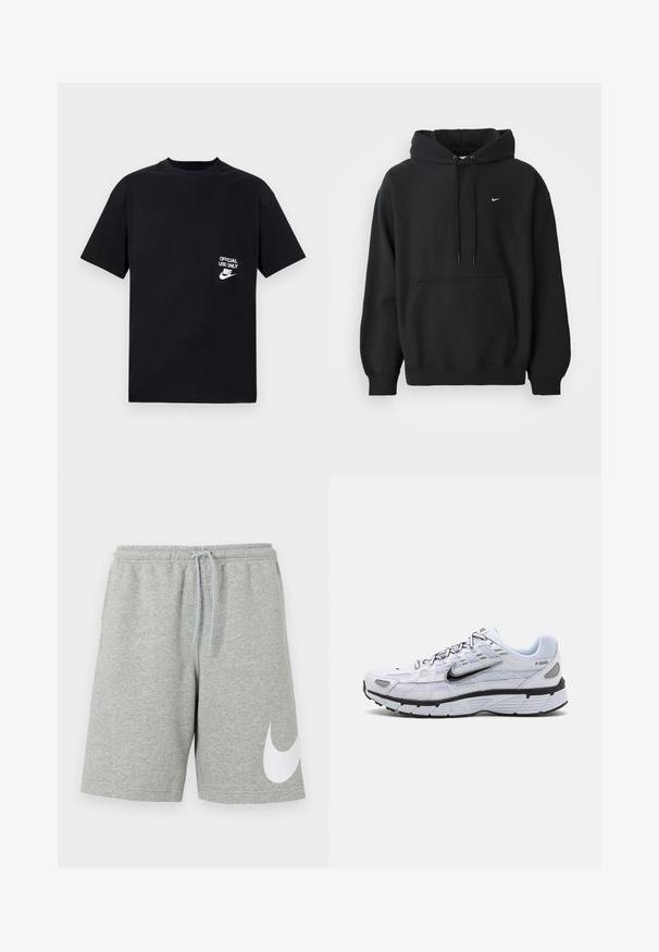 Čierna mikina Nike s predným vreckom, kapucňou so šnúrkou, patentnými manžetami a malým bielym logom Nike na hrudi.; Čierne bavlnené tričko s krátkymi rukávmi a okrúhlym výstrihom, s bielym textom "LEN OFICIÁLNE POUŽITIE" a logom Nike na ľavej hrudi.; Svetlosivé športové šortky s elastickým pásom, šnúrkou a veľkým bielym logom Nike Swoosh na spodnej ľavej nohavici.; Biele bežecké topánky s textilným zvrškom, zaoblenou špičkou, čiernymi akcentmi a vzorovanou podrážkou. Obsahujú šnurovanie a značku na boku.