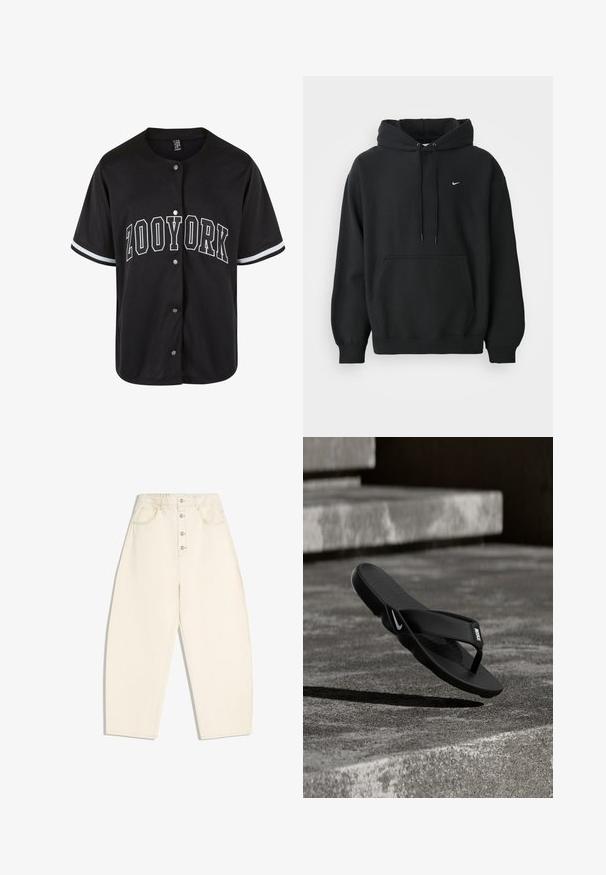 Schwarzer Nike Hoodie mit frontale Taschen, Kordelzugkapuze, gerippten Bündchen und kleinem weißen Nike Swoosh-Logo auf der Brust.; Schwarzes kurzärmliges Trikot mit Knopfverschluss, "ZOOYORK" in fetten weißen Buchstaben gedruckt, mit kontrastierenden weißen Streifen an den Ärmeln.; Hohe, weit geschnittene, cremefarbene Hosen mit Knopfverschluss vorne sowie seitlichen und hinteren Taschen vor weißem Hintergrund.; Schwarzer Nike-Zehensandale, die über grauen Betontreppen mit strukturierter Oberfläche in einer graustufigen Außenumgebung schwebt.