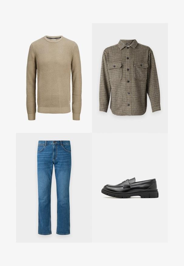 Beige langærmet strikket sweater med tekstureret vaffelmønster, rund halsudskæring samt ribstrikkede manchetter og kant.; Jack & Jones Over Relaxed Fit - Skjorter - delicioso; Blå denim jeans med fem lommer, knaplukning og lige ben. Har subtilt slid og kontrastsyede detaljer.; Sort læder loafersko med en bred rem over forfoden, gummisål med tykke mønstre og glat overflade. Klassisk, slankt design.