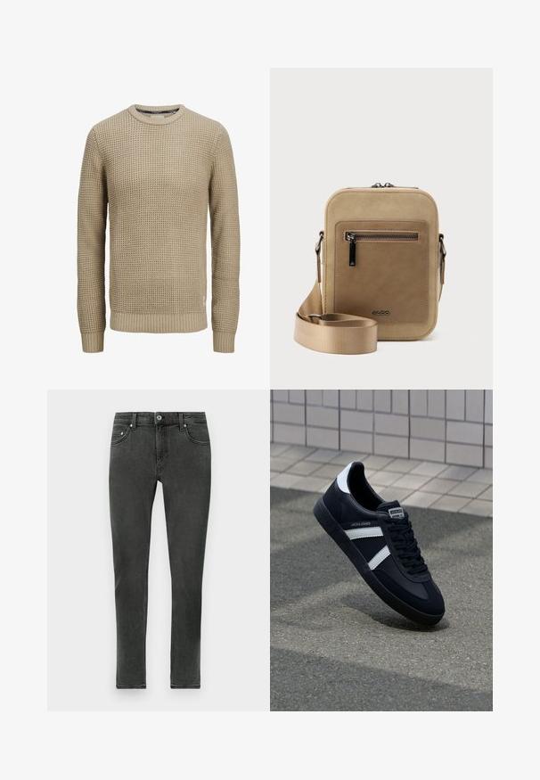 Pull en tricot beige à manches longues avec motif gaufré texturé, encolure ronde, poignets et ourlet côtelés.; Jean skinny gris foncé en denim à la texture lisse, présentant un fermeture à boutons classique et un design standard à cinq poches.; Sneaker en cuir noir avec des rayures blanches, semelle en caoutchouc texturée et devant à lacets. Présente une étiquette de marque sur la languette.; Petit sac bandoulière beige avec poche avant zippée, logo métallique ALDO, sangle large ajustable et forme rectangulaire arrondie sur fond blanc.