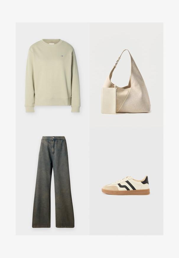 Lysebeige sweatshirt med rund hals og lange ærmer, med lille broderet logo på venstre bryst, vist på hvid baggrund.; Mørkeblå vide jeans med høj talje, med lukkning foran med knapper og en diskret tekstur. Stoffet ser let falmet ud.; Snørestøvler med en cremefarvet overdel med sorte striber og en ruskindsnæsetip, suppleret med en brun gummisål.; Beige stof hobo taske med justerbar rem og vedhæftet lille rektangulær lynlåslomme i matchende farve.