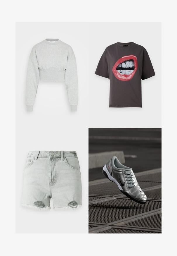Even&Odd Sweatshirt - mottled light grey; Mørkegrå t-shirt med en stor grafik af åbne røde læber, der viser både over- og undermænder med små sorte tatoveringsdesign på tænderne.; Lys grå denimshorts med høj talje, slidte detaljer og fransede kanter, samt to frontlommer. Stoffet ser blødt og slidt ud.; Sølv Nike sko med en glat finish, der har et snørebåndsdesign og en sort ydersål. Tekstureret overdel med subtile accenter og logo.
