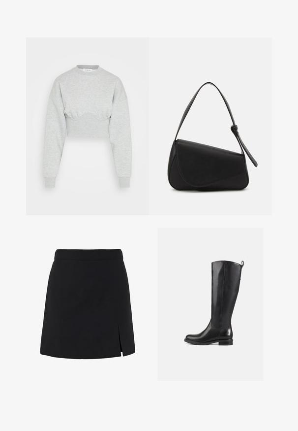 Even&Odd Sweatshirt - mottled light grey; Mini-jupe noire en forme trapèze avec une taille haute et une petite fente à l'avant côté droit.; Bottes en cuir noir jusqu'au genou avec une finition lisse, bout rond, talon bas et une languette à l'arrière. Design minimaliste sans motifs visibles.; Sac à main en cuir noir de forme triangulaire, avec un rabat incliné et une poignée supérieure arrondie. Il présente une texture lisse et des détails de design minimalistes.