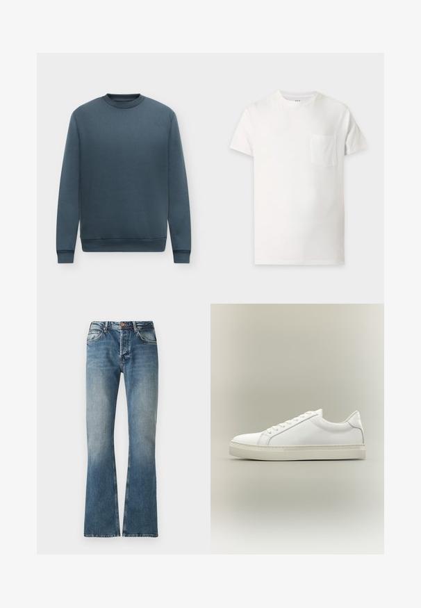 Dunkelblauer Sweatshirts mit Rundhalsausschnitt und langen Ärmeln, mit gerippten Bündchen und Saum, flach auf hellem Hintergrund präsentiert.; Schlichtes weißes T-Shirt mit kurzen Ärmeln, rundem Halsausschnitt und einer kleinen Brusttasche auf der linken Seite.; Blaue Jeans aus Denim mit einem verwaschenen Effekt, geradem Bein Schnitt, Knopf- und Reißverschluss und fünf Taschen Design.; Weißer Sneaker mit niedrigem Schaft, vorn mit Schnürung und dicker Sohle, aus der Seitenansicht vor neutralem Hintergrund.