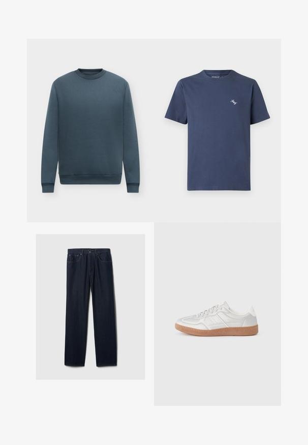 Mørkeblå langærmet crewneck sweatshirt med ribbet manchetter og kant, vist fladt på en lys baggrund.; Mørkeblå bomulds T-shirt med rund hals og korte ærmer, der har et lille hvidt broderet logo på venstre bryst.; Mørkeblå lige ben denim jeans med fem lommer, knaplukning og synlig syning på en ensfarvet lys baggrund.; Sølv sneakers med en glat overflade, snørebånd, perforerede detaljer og en struktureret brun gummi sål.