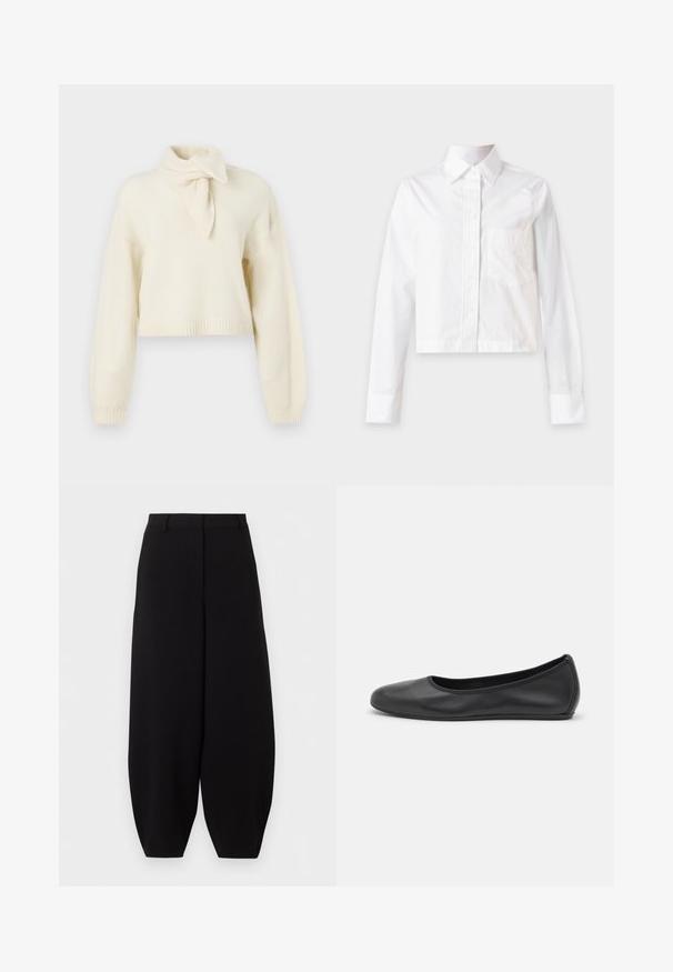 Pull crème raccourci avec un col montant et un détail à nouer, fabriqué dans un tissu doux. Présente des poignets et un ourlet en tricot côtelé.; Chemise blanche à manches longues avec boutons, col et poche poitrine, présentée à plat sur un fond gris clair.; Pantalon noir à jambes larges et courtes, taille haute, sans poches visibles ni ornements.; Ballerines en cuir noir avec un bout rond, texture lisse, détails de couture minimalistes et design de semelle flexible.