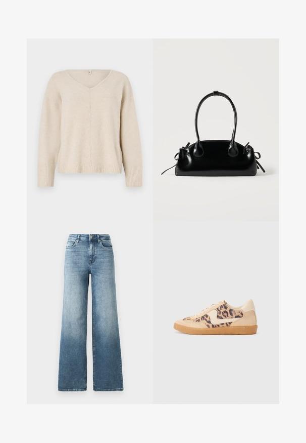 Beige striktrøje med V-hals, ribstrikkede manchetter og kant. Har et centralt sømdesign og en løs pasform. Blødt, tekstureret materiale.; Vide ben jeans i lys blå vask, med høj talje, fem-lomme design og subtil falmen på stoffet. Klassisk metalknap lukning.; Leopardprint sneakers med beige ruskindsoverdel, tan gummisål og hvide detaljer. Rund pegefinger og snørebåndsdesign med en tekstureret finish.; Lille sort blank håndtaske med to lange håndtag og snøre-detaljer i siden på en ensfarvet lys baggrund.