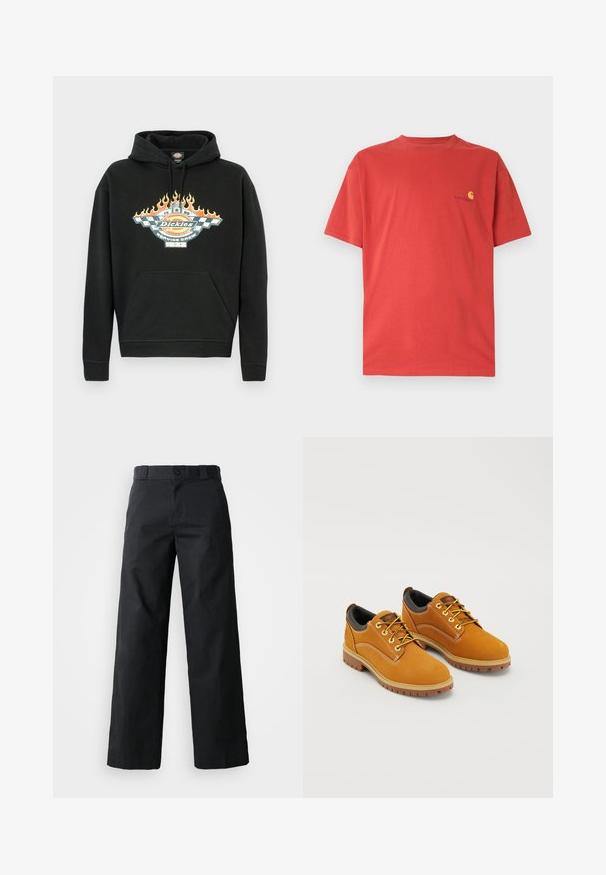 Schwarzer Kapuzenpullover aus Baumwolle mit Fronttasche, Kordelzug an der Kapuze und einem grafischen Design mit Flammen und einem Logo in lebendigen Farben.; Rotes Baumwoll-T-Shirt mit Rundhalsausschnitt, kurzen Ärmeln und kleinem gelbem Logo auf der linken Brust. Glatte Textur, lässiges Design.; Schwarze weit geschnittene Baumwollhose. Verfügt über einen Knopfverschluss, Gürtelschlaufen und Seitentaschen. Glatte Textur mit tailliertem Schnitt.; Braune Wildlederschuhe mit einer runden Zehenpartie, gelben Schnürsenkeln, einem gepolsterten schwarzen Kragen und Gummisohlen mit Rillen für besseren Halt.