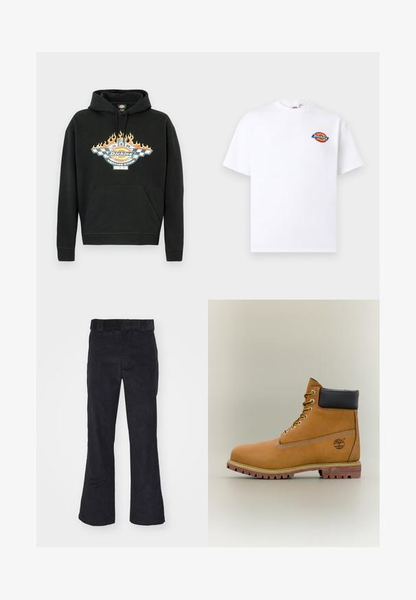 Sort bomuldshoodie med frontlomme, snøre i hætten og et grafisk motiv med flammer og en logo i levende farver.; Hvid t-shirt med korte ærmer med lille farverigt Dickies-logo på venstre bryst og rund halsudskæring.; Sorte kordfløjl bukser med en afslappet pasform, der har en klassisk talje og flagrende ben, blød tekstur og uden synlige mønstre eller detaljer.; Brun læderankelstøvle med sort krave, gule snørebånd og tanfarvet sål. Har logo og hvide syninger som detalje. Robust ydersål med greb.