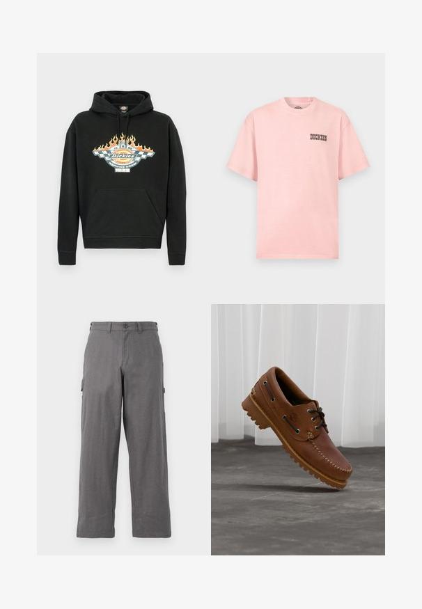 Sweat à capuche en coton noir avec une poche frontale, une capuche à cordon et un motif graphique avec des flammes et un logo aux couleurs vives.; T-shirt rose clair à manches courtes avec col rond et petit logo noir "Dickies" sur le côté gauche de la poitrine.; Pantalons cargo gris avec une coupe droite, fabriqués en tissu durable. Comprend des poches latérales et une fermeture à bouton à la taille.; Chaussure de bateau en cuir marron avec des lacets noirs, des coutures beiges et une semelle robuste, suspendue au-dessus d'un sol en béton gris.