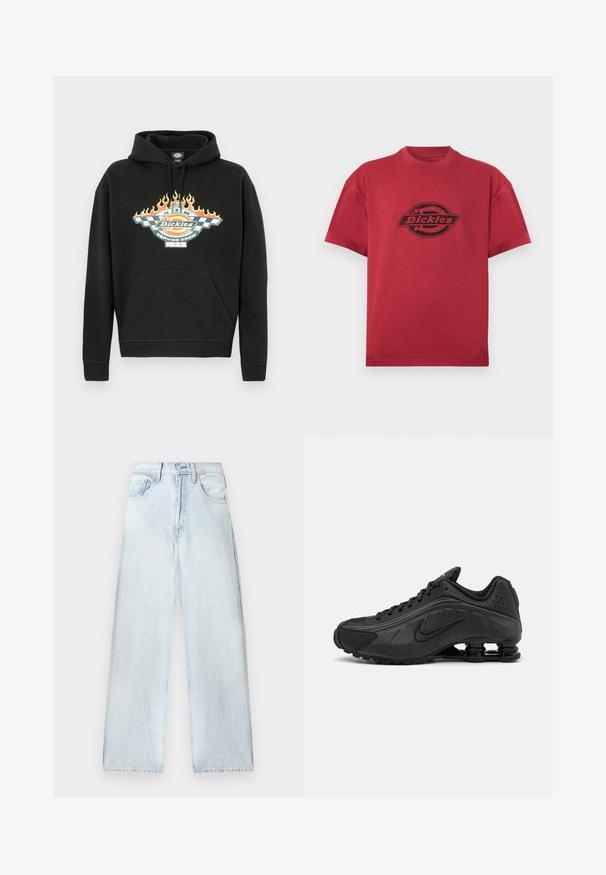 Sweat à capuche en coton noir avec une poche frontale, une capuche à cordon et un motif graphique avec des flammes et un logo aux couleurs vives.; T-shirt rouge à manches courtes et col rond, avec le logo "Dickies" noir imprimé au centre devant.; Pantalons en denim bleu clair avec une coupe ample, taille haute, design à cinq poches et jambes droites. Texture décolorée avec des détails de couture visibles.; Baskets de course noires avec une tige en synthétique lisse, des accents perforés, des panneaux latéraux texturés et une semelle distincte et rebondissante.