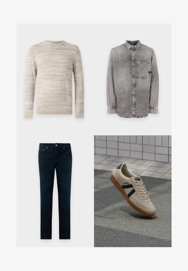 Beige gebreide trui met een gestructureerd, gestreept patroon. Ronde hals en lange mouwen met ribbelmanchetten en -zoom. Zacht, lichtgewicht materiaal.; Grijze denim knopsluiting overhemd, lange mouwen, stof van gemiddelde dikte, enkele borstzak, vervaagde afwerking met contrasterende knopen, klassieke kraag.; Donkerblauwe slim-fit jeans met een voorste knoop, rits, riemlussen en vijf zakken, vlak gelegd op een witte achtergrond.; Beige sneaker met een textuurafwerking, marineblauwe strepen en een rubberen zool. Heeft een gevoerde tong en een traditioneel vetersysteem voor een veilige pasvorm.
