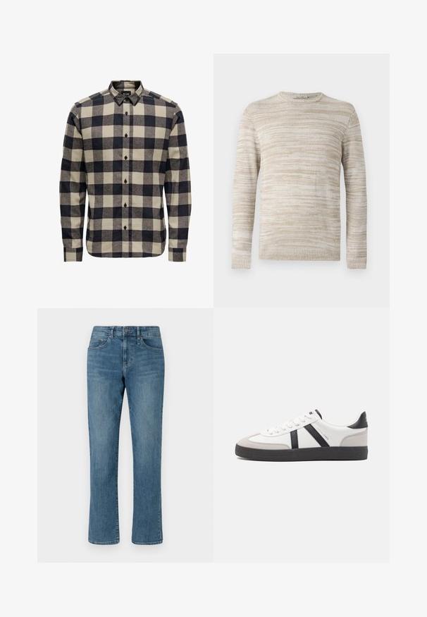 Pull en tricot beige avec un motif rayé texturé. Col rond et manches longues avec des poignets et un ourlet côtelés. Matériau doux et léger.; Chemise en flanelle pour homme en noir et crème, présentant un motif à carreaux classique, un col boutonné et des manches longues avec poignets à boutons.; Jean en denim bleu clair avec une coupe droite, une taille classique, et des coutures visibles. Dispose de cinq poches et d'une braguette zippée.; Baskets blanches avec des accents noirs et gris, présentant un embout texturé gris, une semelle en caoutchouc noir et des lacets plats blancs. Design épuré, style minimaliste.