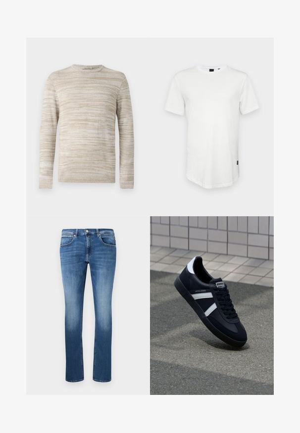 Beige gebreide trui met een gestructureerd, gestreept patroon. Ronde hals en lange mouwen met ribbelmanchetten en -zoom. Zacht, lichtgewicht materiaal.; Witte t-shirt met korte mouwen, gemaakt van katoen, met een ronde halslijn en een iets verlengde achterkant, voorzien van een klein logo-accent aan de zijkant.; Blauwe denim jeans met een rechte snit, voorzien van lichte vervaging, vijf zakken en een knoop-en-rits sluiting. Genaaide details langs de naden.; Zwarte leren sneaker met witte strepen, een gestructureerde rubberen zool en vetersluiting aan de voorkant. Voorzien van een merklabel op de tong.