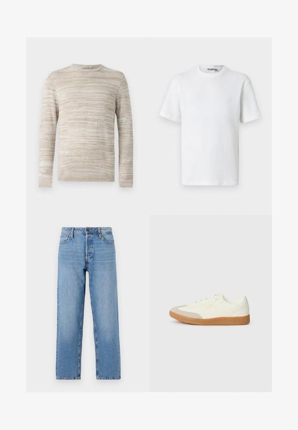 Beige gebreide trui met een gestructureerd, gestreept patroon. Ronde hals en lange mouwen met ribbelmanchetten en -zoom. Zacht, lichtgewicht materiaal.; Wit T-shirt met korte mouwen, wafelstructuur en ronde hals, met een klein merkembleem aan de binnenkant van de kraag, afgebeeld op een effen achtergrond.; Lichtblauwe denim jeans met een recht beenontwerp, voorzien van een knoop- en ritsluiting, vijf zakken en subtiele vervaging.; Schoen gemaakt van wit leer met een beige teenkap en een lichtbruine rubberen zool. Voorzien van platte witte veters en reliëfbranding aan de zijkant.