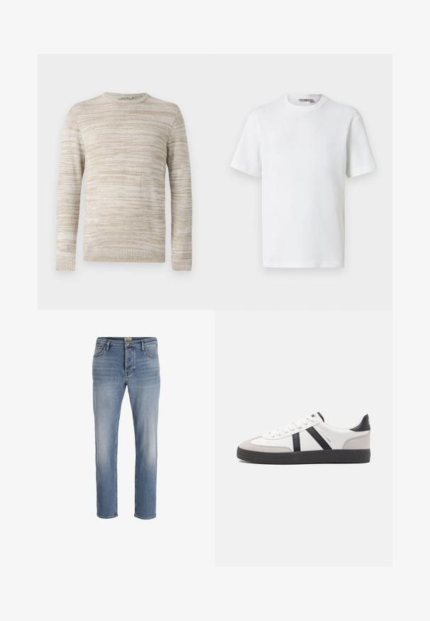 Beige gebreide trui met een gestructureerd, gestreept patroon. Ronde hals en lange mouwen met ribbelmanchetten en -zoom. Zacht, lichtgewicht materiaal.; Wit T-shirt met korte mouwen, wafelstructuur en ronde hals, met een klein merkembleem aan de binnenkant van de kraag, afgebeeld op een effen achtergrond.; Lichtblauwe denim jeans met een rechte pasvorm, lichte vervaging aan de voorkant, vijf-pocket ontwerp en een metalen knoopsluiting in de taille.; Witte sneaker met zwarte en grijze accenten, voorzien van een grijze neus met textuur, zwarte rubberen zool en platte witte veters. Schoon ontwerp, minimalistische stijl.