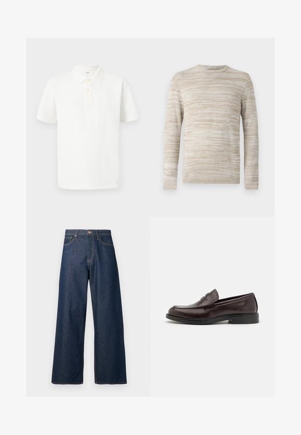 Beige Strickpullover mit strukturiertem, gestreiftem Muster. Rundhalsausschnitt und lange Ärmel mit gerippten Bündchen und Saum. Weicher, leichter Stoff.; Weißes Poloshirt aus Baumwolle mit klassischem Kragen, kurzen Ärmeln, einer Zwei-Knopf-Leiste und subtiler Struktur im Gewebe.; Jeans mit weitem Bein aus dunkelblauem Denim mit oranger Naht, versehen mit fünf Taschen, einem vorderen Knopfverschluss und einer geraden Silhouette.; Braune Leder Slipper mit einer glatten Oberfläche, abgerundeter Spitze, subtilen Nahtdetails und einem niedrigen Gummiheel. Seitenansicht angezeigt.