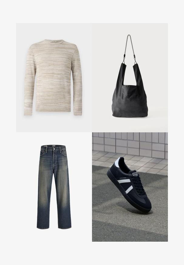 Beige gebreide trui met een gestructureerd, gestreept patroon. Ronde hals en lange mouwen met ribbelmanchetten en -zoom. Zacht, lichtgewicht materiaal.; Wijde jeans in donkerblauwe denim met een gradientafwerking, voorzien van een knoopsluiting, vijf zakken en gestructureerde stikdetails.; Zwarte leren sneaker met witte strepen, een gestructureerde rubberen zool en vetersluiting aan de voorkant. Voorzien van een merklabel op de tong.; Zwart zachte stoffen draagtas met brede handvatten en een dunne zwart-witte gevlochten schouderriem.