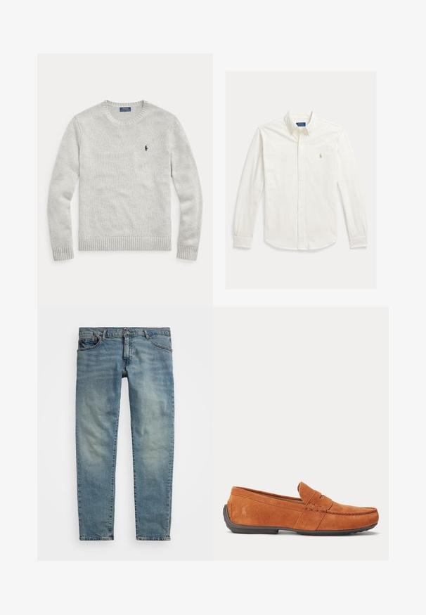 Lysegrå strikket langærmet sweater med rund hals og lille mørkeblå broderet Ralph Lauren Polo-logo på venstre bryst.; Hvid langærmet skjorte med knapper og krave samt Polo Ralph Lauren-logo broderet på venstre bryst.; Lyseblå denimjeans med lige pasform, der har fem lommer, knap- og lynlås-lukning, samt synlig slid på lårene.; Brun herre loafer i ruskind med syningdetaljer, en penny-lomme på overdelen og en mørk gummisål.