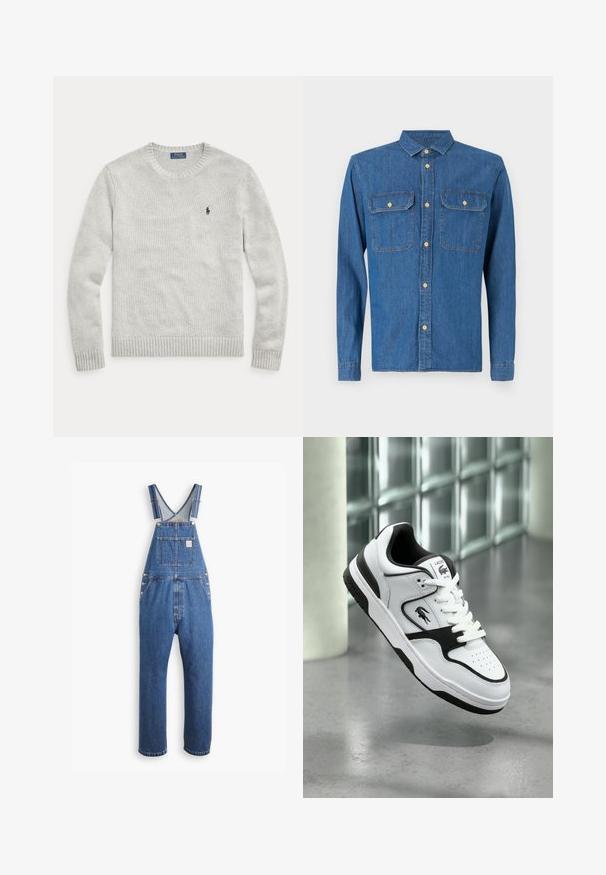 Svetlosivý pletený sveter s dlhými rukávmi, okrúhlym výstrihom a malým tmavomodrým vyšívaným logom Ralph Lauren Polo na ľavej strane hrudníka.; Denimová košela v tmavomodrej farbe, s dlhými rukávmi a gombíkovými manžetami, so špicatým golierom, dvoma náprsníkmi a predným gombíkovým zapínaním so zlatými doplnkami.; Džínsové montérky v stredne modrej farbe, s nastaviteľnými popruhmi, prednou vreckom a kovovými súčiastkami, vo voľnom strihu a s rovným strihom nohavíc.; Bielo-čierna teniska Lacoste so šnúrkami, perforovanou špičkou a logom na boku a jazyku, zobrazujúca sa nad sivou podlahou.
