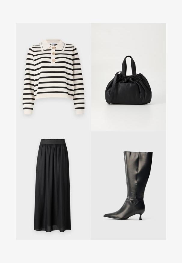 Sort-hvid stribet sweater med polokrave, tre stofbetrukne knapper og ribbede ærmer og kanten. Blød tekstur og cropped design.; Sort mid-længde nederdel lavet af letvægtsstof, med elastisk talje og en svævende silhuet med en glat tekstur.; Sort knæhøj læderstøvle med spids tå og lav kittenhæl, vist på en enkel lys baggrund.; Sort læderhåndtaske med en samlet topdesign, der har to korte håndtag og en lang justerbar rem. Glat overflade, rund form.