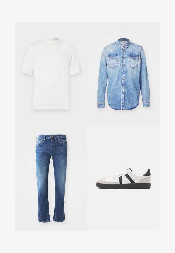 Weißes kurzärmliges Strick-T-Shirt mit rundem Halsausschnitt, das eine glatte Textur und Rippenelemente am Kragen und Saum aufweist.; Hellblaues Denimhemd mit langen Ärmeln, Button-Down-Kragen, zwei Brusttaschen und kontrastierenden Nähten. Abgerundeter Saum und klassische Passform.; Dunkelblaue Jeans aus Denim mit geradem Bein, ausgestattet mit fünf Taschen, einem braunen Knopfverschluss und dezenten hellen Verfärbungen an den Oberschenkeln.; Weiße Sneaker mit schwarz- und grau-aczenten, ausgestattet mit einer strukturierten grauen Zehenkappe, schwarzer Gummi-Sohle und flachen weißen Schnürsenkeln. Sauberes Design, minimalistische Stil.
