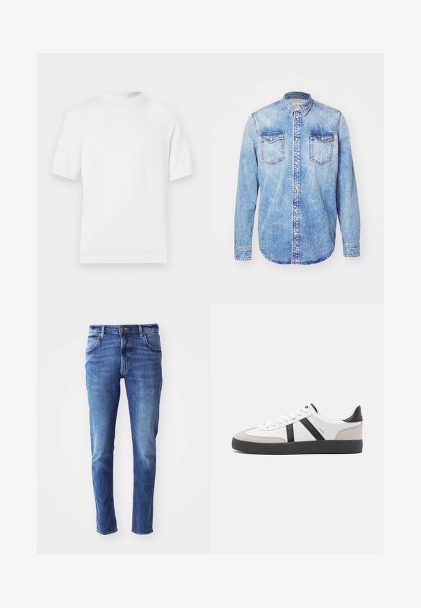 Hvid kortærmet strik t-shirt med rund halsudskæring, der har en glat overflade og ribbede detaljer ved kraven og kanten.; Lysblå denimskjorte med lange ærmer, knap-ned krave, to brystlommer og kontrastsyetning. Rundet kant og klassisk pasform.; Blå denim jeans med slim fit, fem-lomme design og let falming. Har en mærke-knap og lynlåslukning.; Hvide sneakers med sorte og grå detaljer, med en tekstureret grå tåhætte, sort gummisål og flade hvide snørebånd. Rent design, minimalistisk stil.
